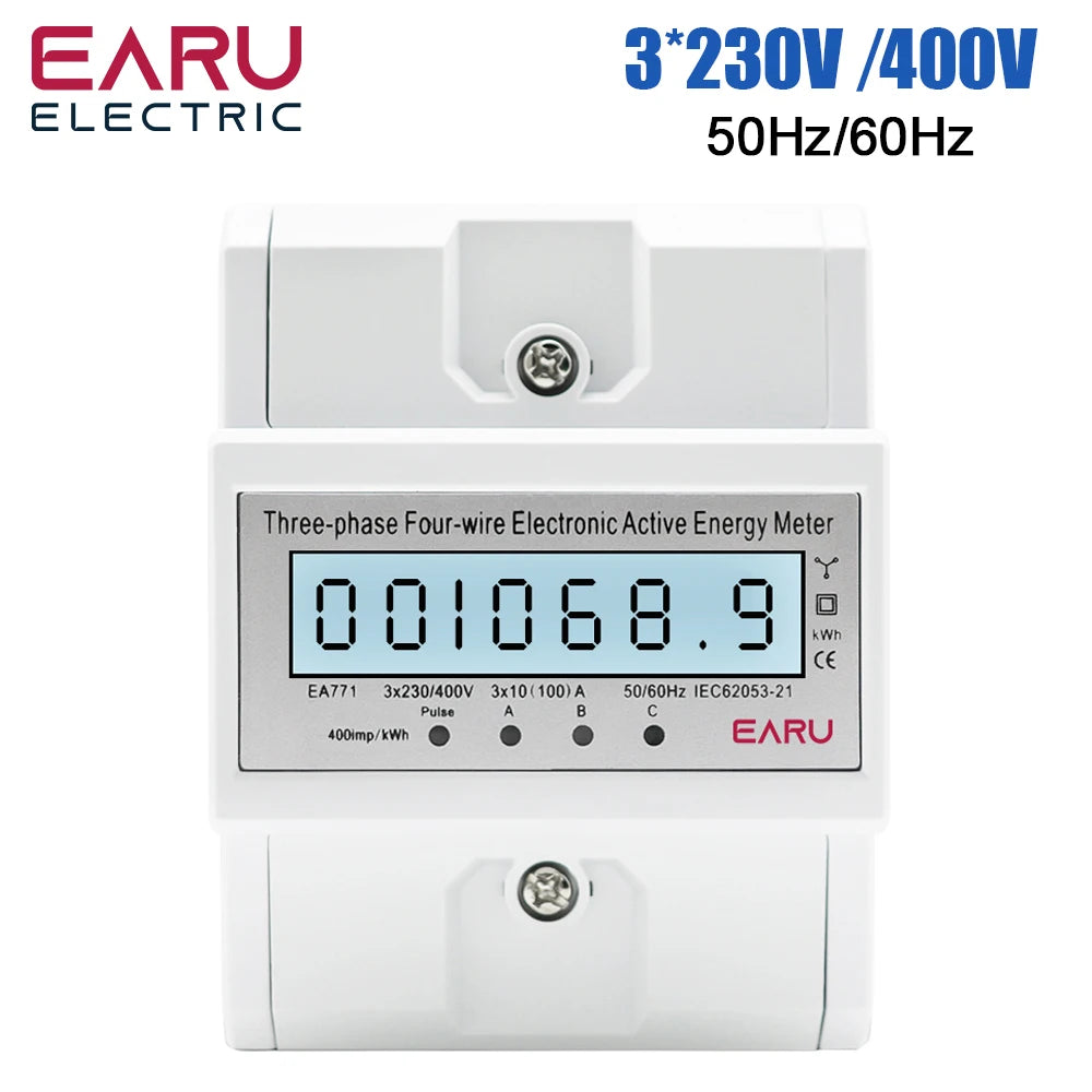 NEW Arrivals Din Rail AC 230 220V 3 Phase 4 Wire Energy Meter Power Consumption Monitor kWh Meter Wattmeter Bi Volt 100A 50/60Hz LCD Backlight
