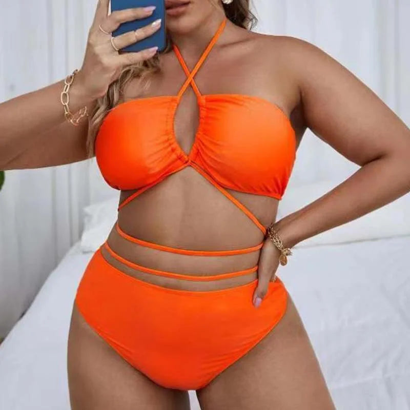 Solid Plus Size Bikini Set Women Sexy Fashion Split Swimwear Beach Style Party Spring Summer High Waist Female Bikini Suit