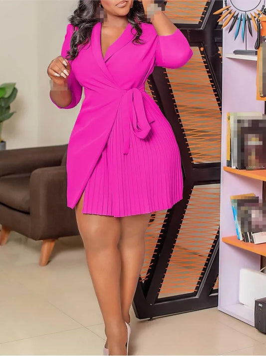 BRAND NEW S(8)-3XL(20-22) UK Plus Size 5 Colors Chubby Women  Solid Folds Luxury Dress Neck Pleated Blazer Style Dress Office Lady Business Dinner Vintage Sexy Lady Belt Evening Party Tight Curvy Short Dress