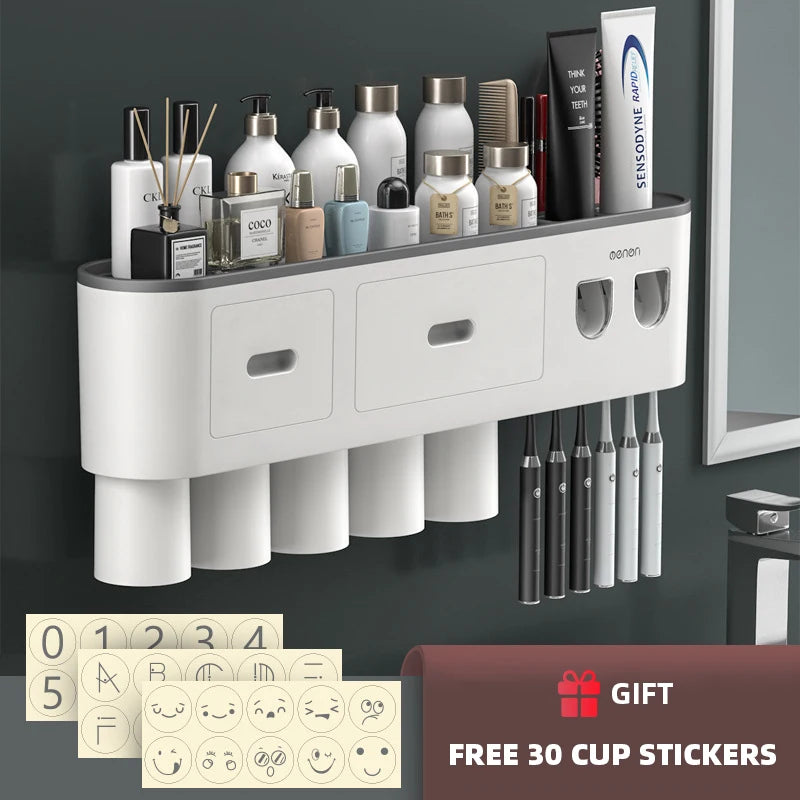 NEW Arrivals  Wall Mounted 5 Cups Toothbrush Holder Magnetic Adsorption Inverted Toothpaste Squeezer Double Automatic Toothpaste Dispenser Bathroom Accessories