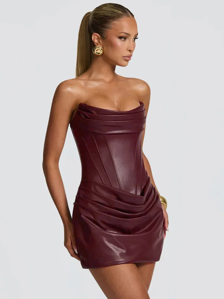 UK Size Burgundy/Black Color PU Leather Off-shoulder Strapless Sexy Mini Dress Women Gown Elegant Backless Sleeveless Ruched Club Party Luxury Dresses
