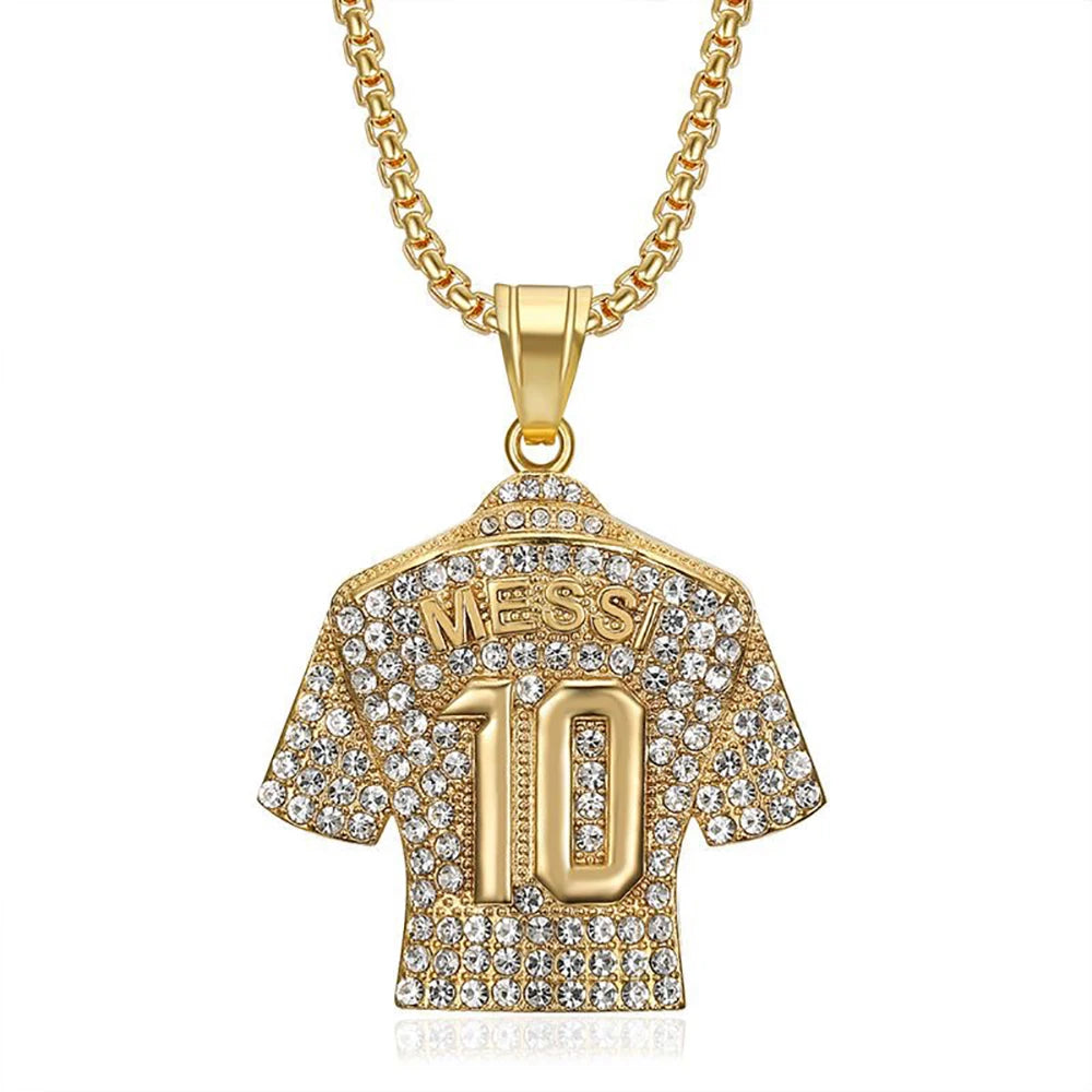 Fashion Football Jersey Messi Cristiano Ronaldo Neymar Mbappé Harland Rhinestone Necklaces + 60cm Gold Chain Men Stainless Steel Soccer Fans Hip Hop Jewelry Accessories