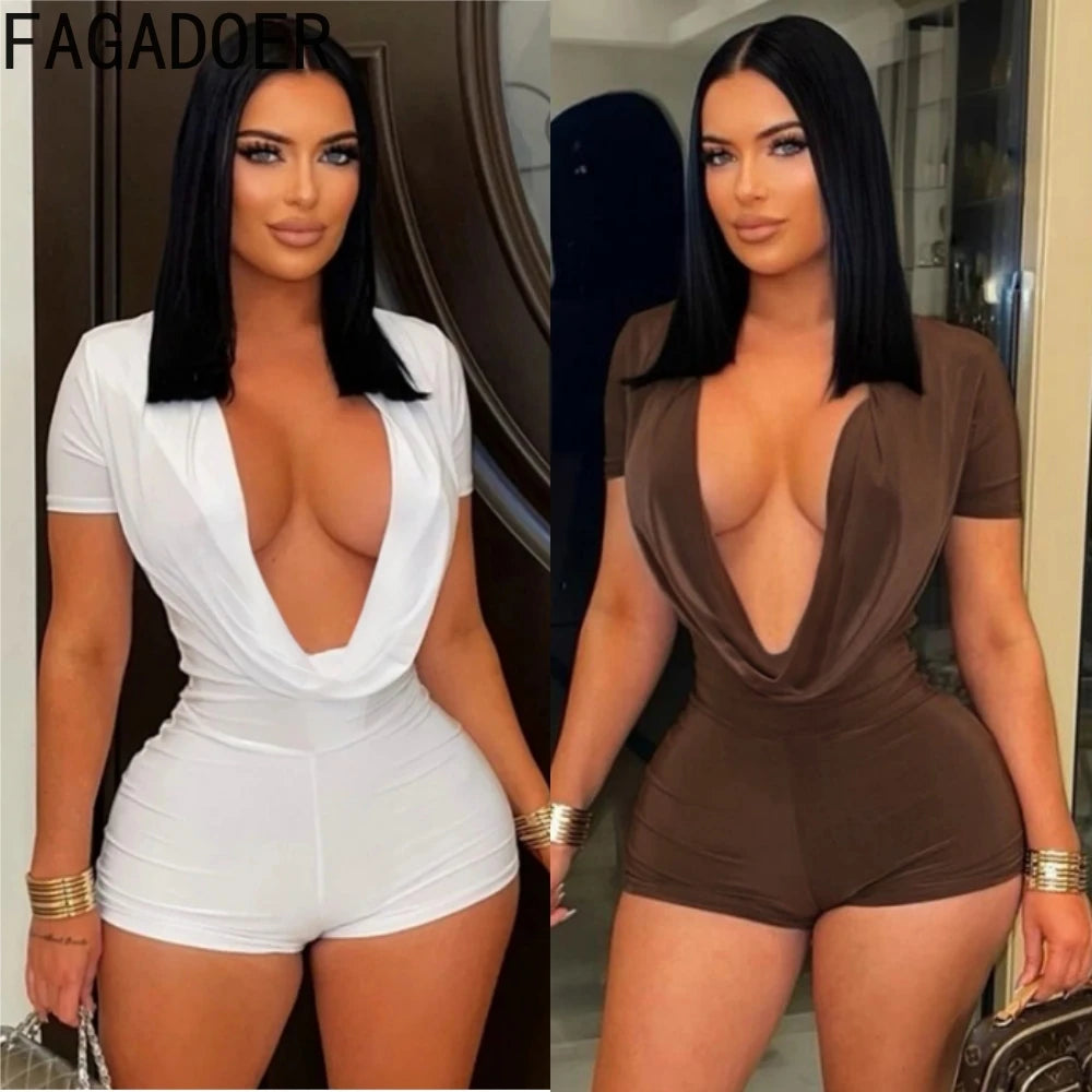 Black/White/Brown Color Spring New Ruched Deep V Bodycon Rompers Women Short Sleeve Slim Jumpsuits Sexy Solid Overalls Streetwear Evening Beach Party Midnight Clubwear
