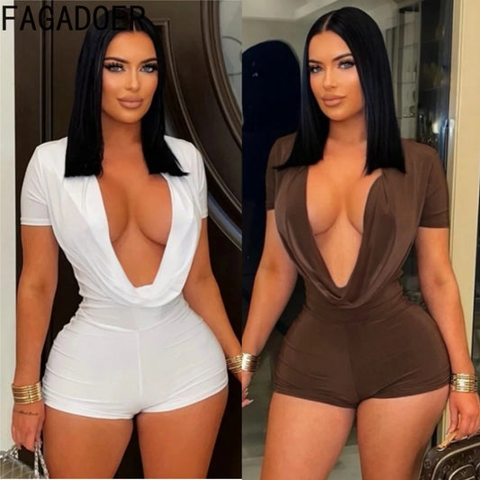Black/White/Brown Color Spring New Ruched Deep V Bodycon Rompers Women Short Sleeve Slim Jumpsuits Sexy Solid Overalls Streetwear Evening Beach Party Midnight Clubwear