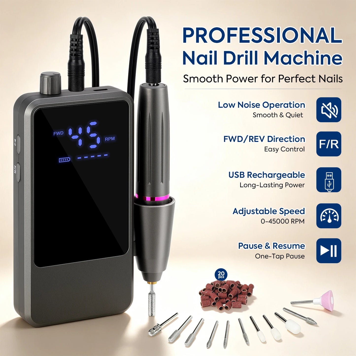 45000RPM Nail Drill USB Type C Electric Machine Portable Nail Polisher with LCD Display Electric Nail Polisher with 1600mAh Nail Tools Outdoor Travel Home Use Manicure Nails Care Supplies