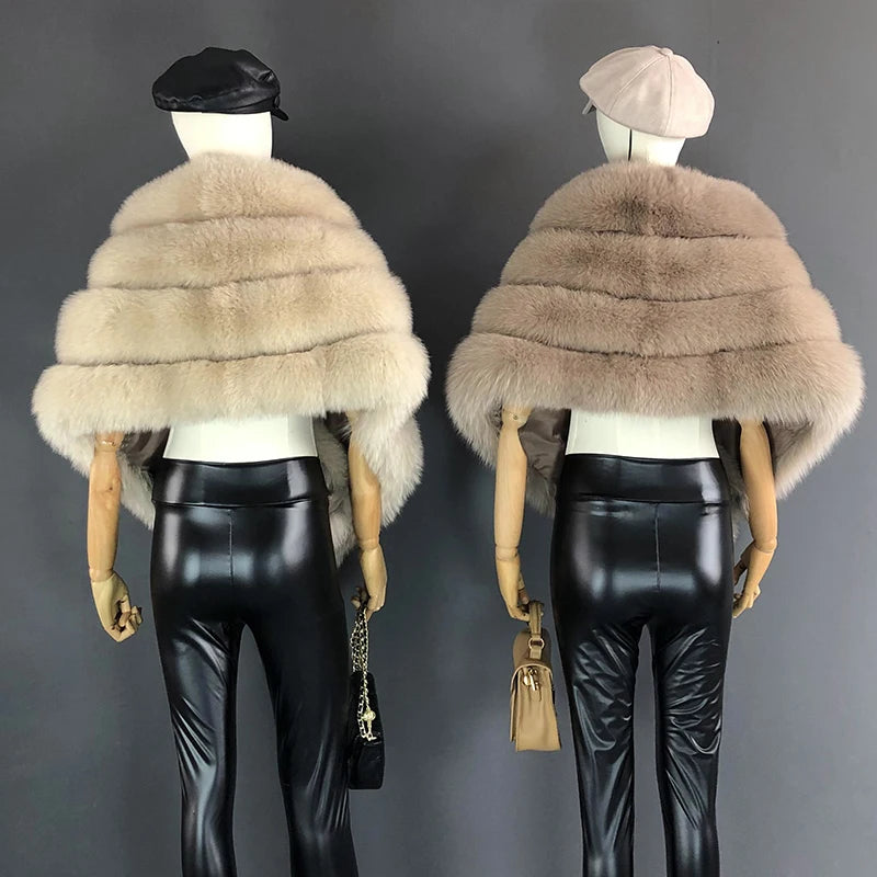 NEW Luxurious Women Ladies Real Fox Fur Shawl Vest Jacket Fluffy Fur Cape Natural Fur Poncho Fur Lady Scarf Wrap Coat Shawl Evening  Wedding Party Winter Clothes Supplies Female Fashion Clothing Accessories Products