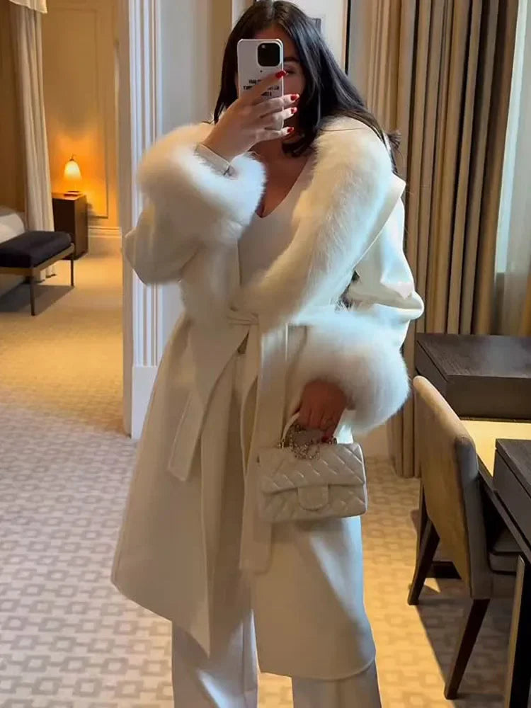 UK Size Black/White Mink Fur Overcoat + Brown/Black/Red Mini Hot Sexy Dress Patchwork Woolen Coat Women Full Sleeve V-Neck Lace Up Loose Long Overcoat Female Winter Commute Outerwear