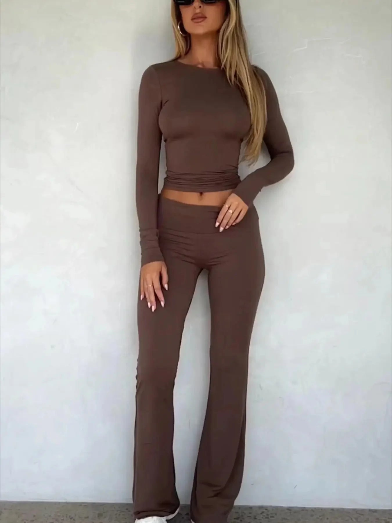 NEW Arrivals S-XL 7 Colors High-End Women's Long Sleeve Top And Flared Pants Set Fashionable And Stylish Polyester Fiber Women Outdoor Streetwear Sports Sets