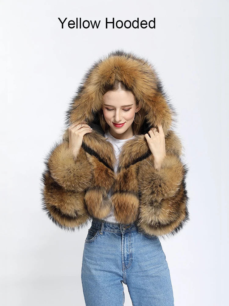 NEW Arrivals S-6XL High Quality Cropped Faux Raccoon Fur Coat Women Winter Warm Snow Outwear Fashion O Neck Long Sleeve Fluffy Short Faux Fur Jacket Crop Top Ladies Girls Luxury Fashion Clothing Supplies