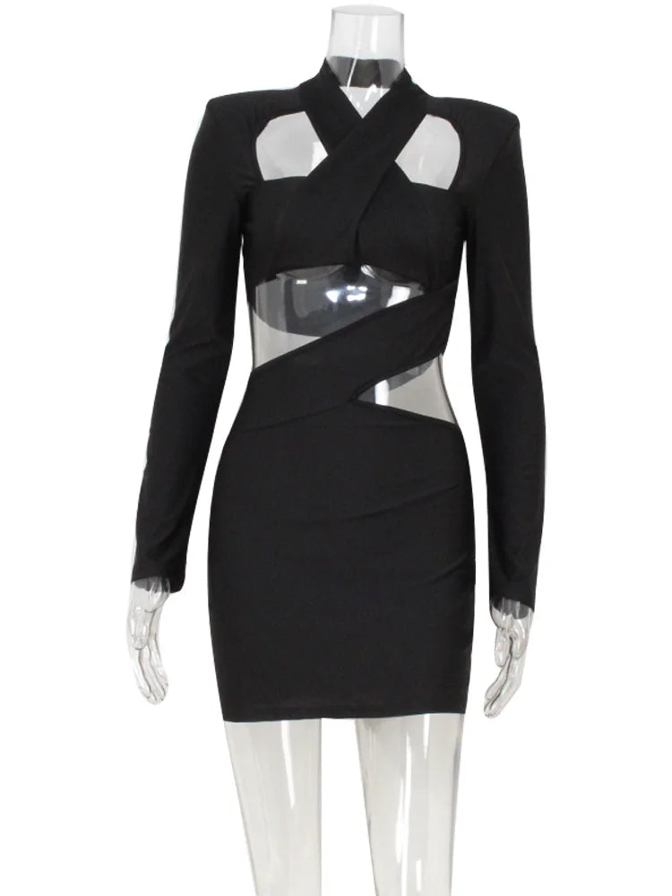 NEW Arrivals UK Size Sexy Club Women's Mini Dresses Solid Hollow Out V-Neck Regular Long Sleeves Sheath Bodycon Slim Fit Streetwear Ladies Sexy Fashion Clothing Supplies