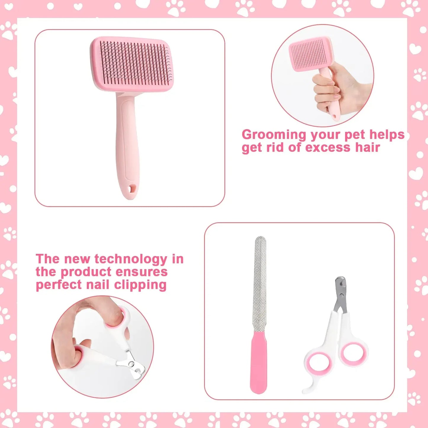 Self-Cleaning Grooming Set with Pet Nail Clippers and Files, Flea Comb, Shampoo Bath Brush, 8 Pcs