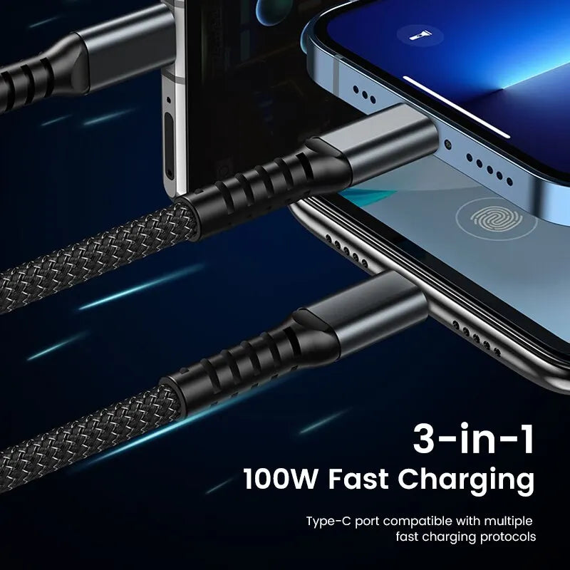 3 In 1 100w Transparent Fast Charging Cable Type C USB Micro For iPhone Samsung Huawei Xiaomi Pilot Lamp Charger USB C 6A
