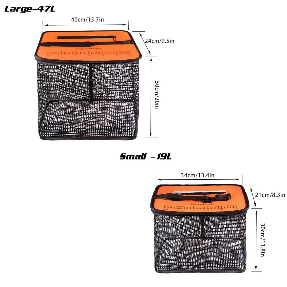 19L-47L Large Capacity Fish Net Bag Floating Fish Basket Quick-Drying Foldable Fish Cage Collapsible Fish Protector Foldable Fishing Net for Sea River Lakes Fishing Accessories