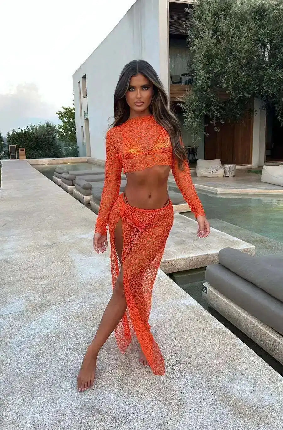 NEW 2PCS Set 5 Colors Perspective Grid Sexy  Long Sleeve Top Split Long Skirt Women Set Elegant Casual Women Set