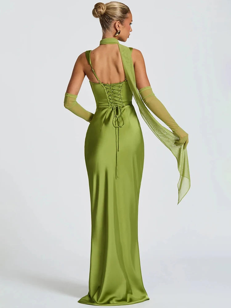 4 Colors  Satin Backless UK Size Sexy Luxury Maxi Dress Women Elegant Halter Off-Shoulder Sleeveless Lace-Up Bodycon Evening Wedding Guest Business Party Celebrity Long Dresses.