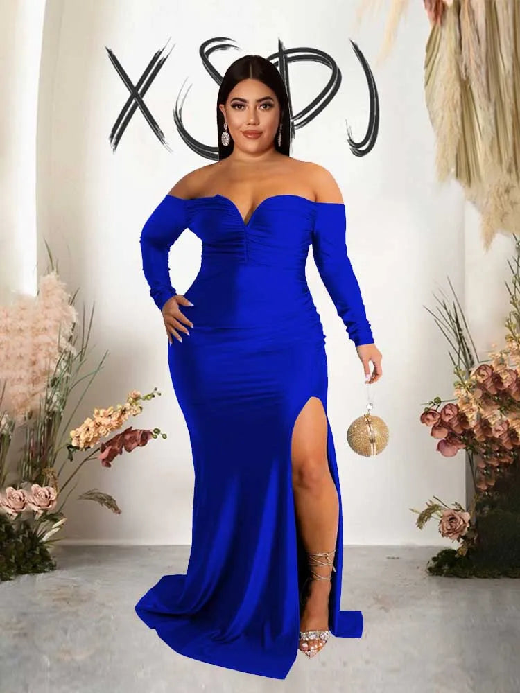 NEW Arrivals XL-4XL UK Size Green/Red/Black/Blue Curvy BBW Women Elegant Luxury Off The Shoulder Dress Strapless Long Sleeve Evening Party Wedding Birthday Dress Spring Plus Size Female Side Slit Dress