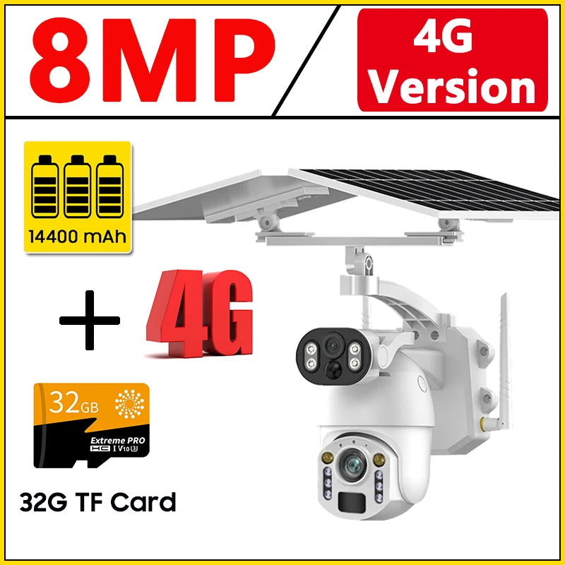 NEW 4K 8MP 50X Optical Zoom Solar Camera 4G Sim/Wi-Fi PTZ Dual Lens Recording Humanoid Tracking Outdoor Waterproof IP Security Camera Home Office Factory Anti-Burglary Systems