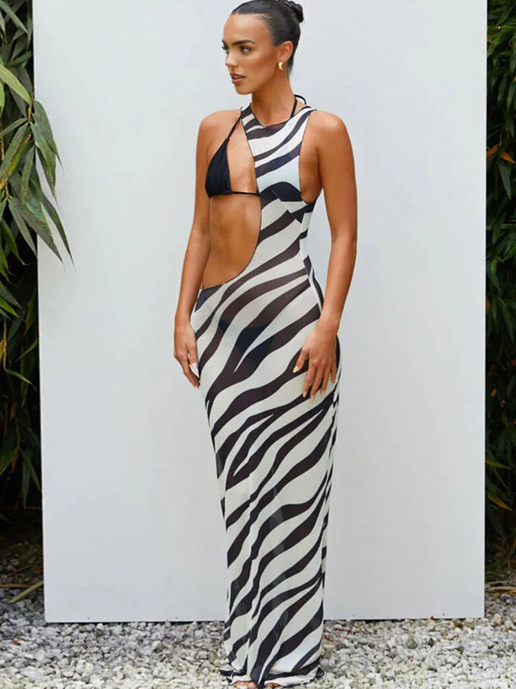 Women's Sexy Zebra Long Beach Dress Cover-Ups Sexy Transparent Mesh Maxi Dress Striped Cut Out Bodycon Vacation Summer Dress Women Bathing Apparel Swimming Clothing Supplies