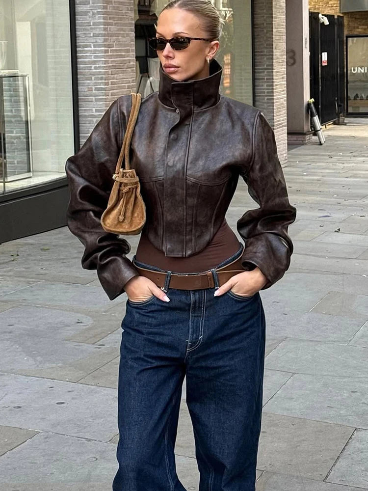 UK Size Brown/Black Color Wild PU Leather Irregular Crop Jacket Women Turtleneck Zip Button Full Sleeve Sexy Hottie Street Midnight Club Hipster Coat