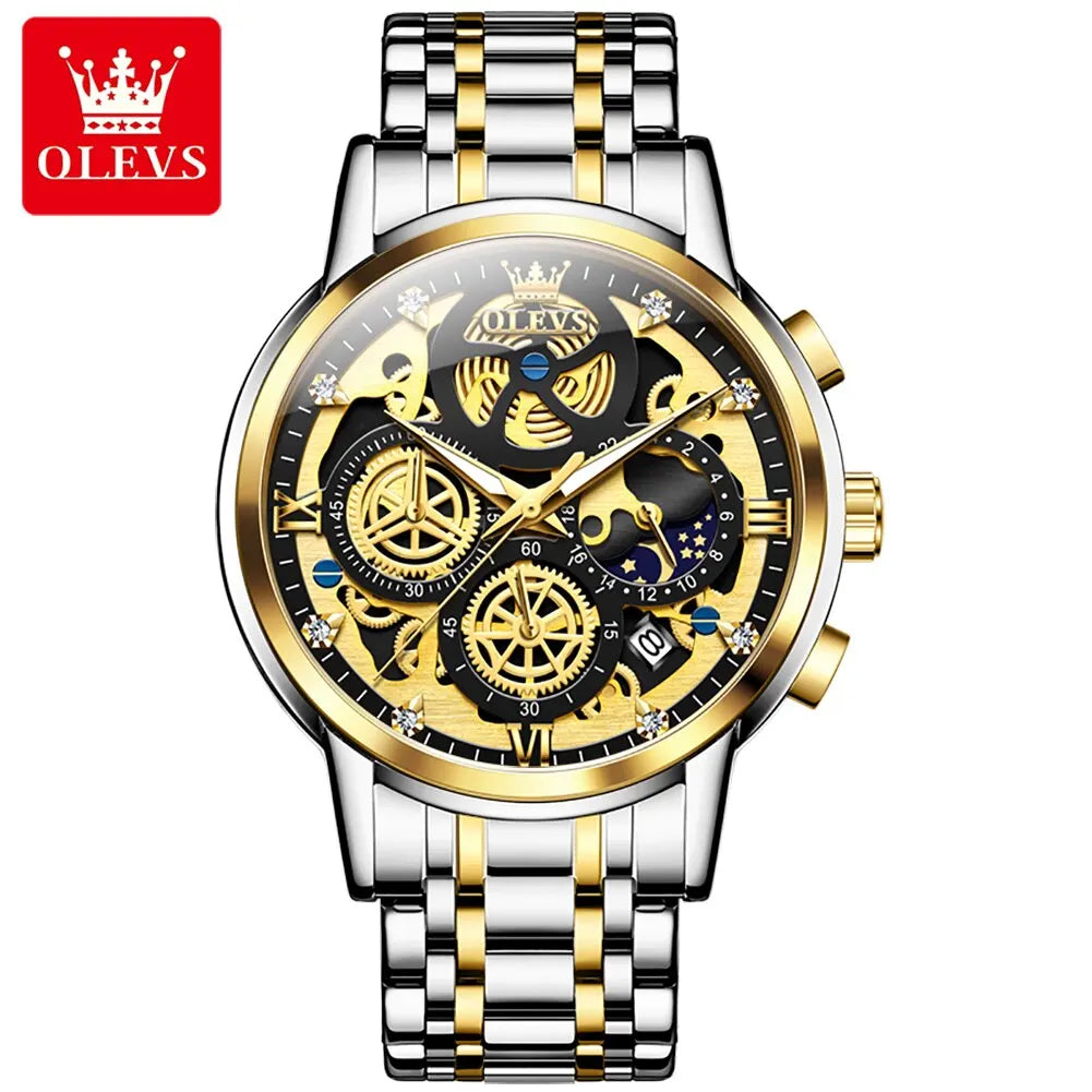 NEW 100% Original OLEVS Luxury Men's Watches Top Brand Luxury Original Waterproof Quartz Watch for Man Gold Skeleton Style 24 Hour Day Night Wristwatch Perfect Gift for Husband Boyfriend