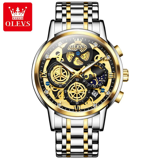 NEW 100% Original OLEVS Luxury Men's Watches Top Brand Luxury Original Waterproof Quartz Watch for Man Gold Skeleton Style 24 Hour Day Night Wristwatch Perfect Gift for Husband Boyfriend