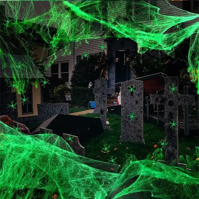 Glow in Dark Spider Webs and Fake Spiders White Stretch Cobwebs Halloween Decorations Outdoor Horror Haunted House Decor Props