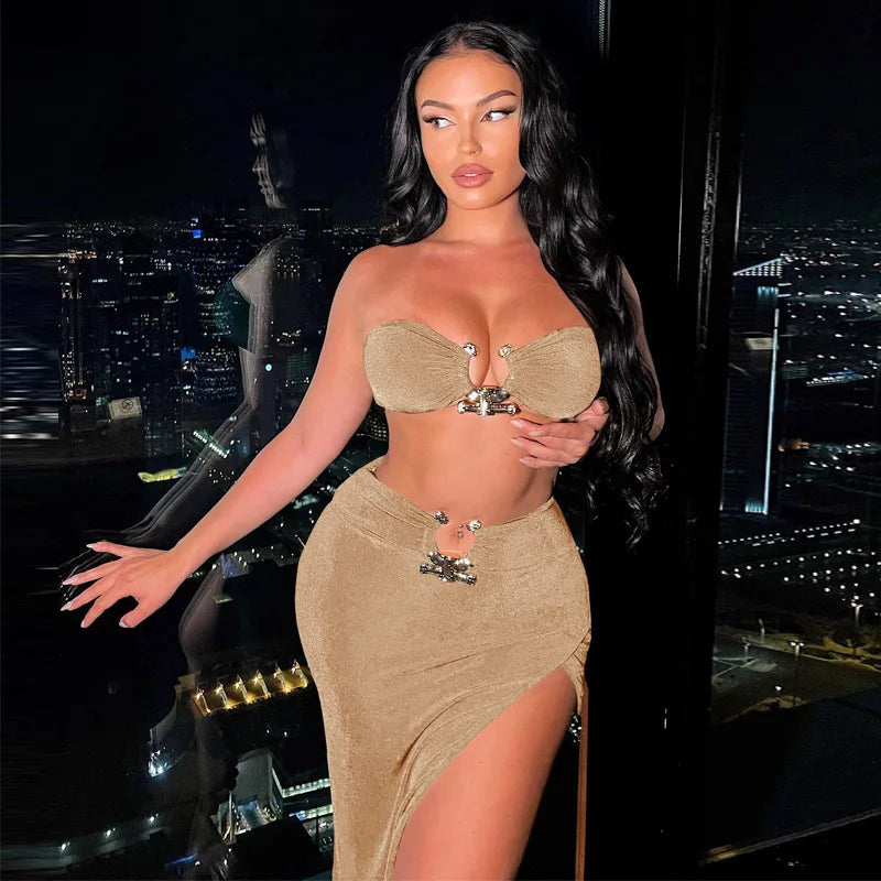 Low-Price Sales are Limited NEW 2PCS Set Velvet Sexy Strapless Crop Tube Top High Waist Slit Maxi Dress Fall Women Female Streetwear Evening Beach Party Night Club Outfit Sexy Dress Girls Ladies Luxury Fashion Clothing Suppli