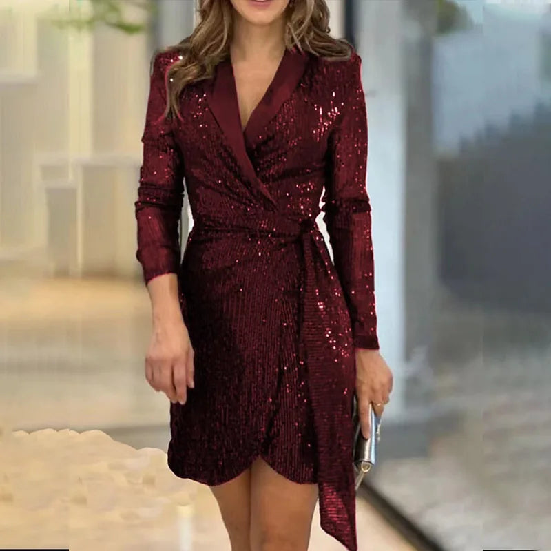 NEW Arrivals S-3XL UK Size 7 Colors Women's Luxury Spring Summer New Collection Solid Color Fashionable Sexy Waist Series Sequined Suit Collar Long Sleeved Lace Up Dress Ladies Luxury Fashion Apparel Supplies