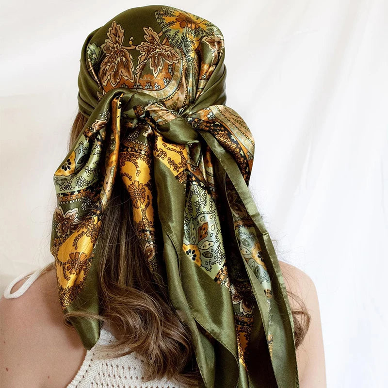 New 90x90cm 18 Colors Silk Shawl Satin Square Scarf For Women Paisley Neckerchief Female New Headband Hair Bands Print Foulard Hijab Wraps Bandana Women Apparel Accessories