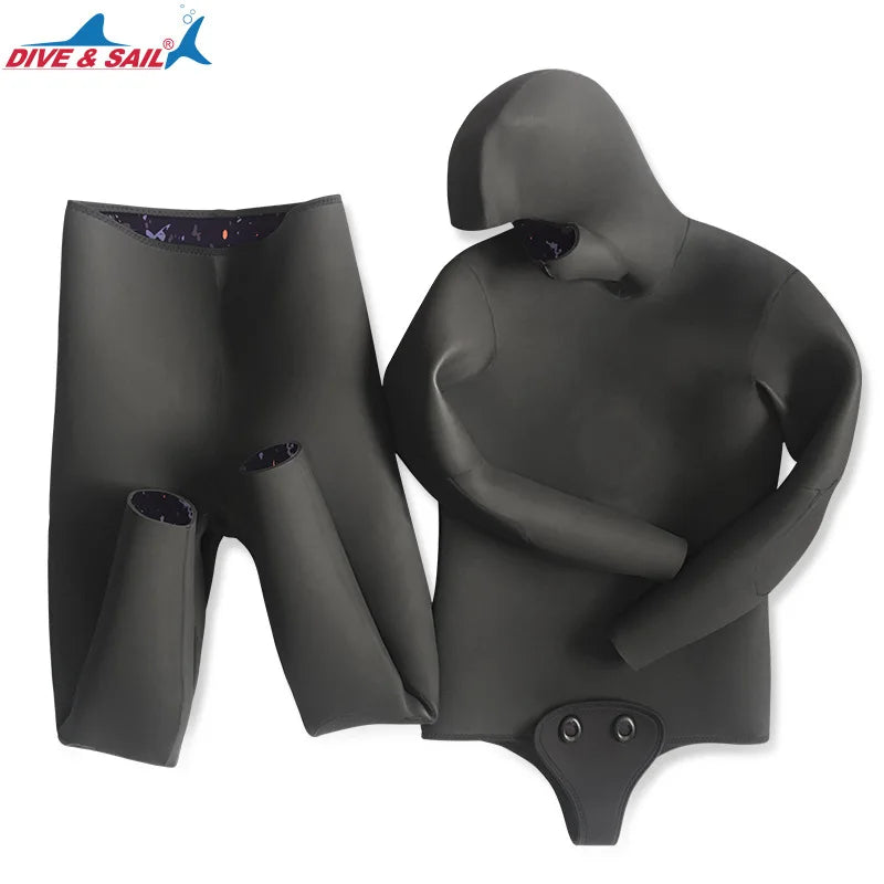 7MM Neoprene Material Thick and Warm S-3XL Extra Plus Size Women Men Wetsuit Top Quality Hooded Split Professional Thermal Diving Suit Water Sports Kitesurf Spearfishing Snorkeling Surfing Suit