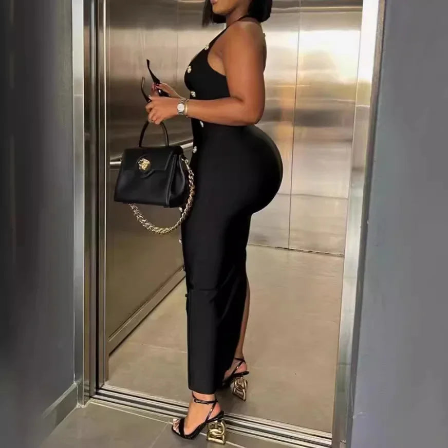 NEW Arrivals S-3XL UK Plus Size Chubby Women's Clothing Button Slim Lace-Up High Waist Sexy Skinny Slim Long Black Dress Sleeveless Evening Party Gown Ladies Fashion Apparel Supplies