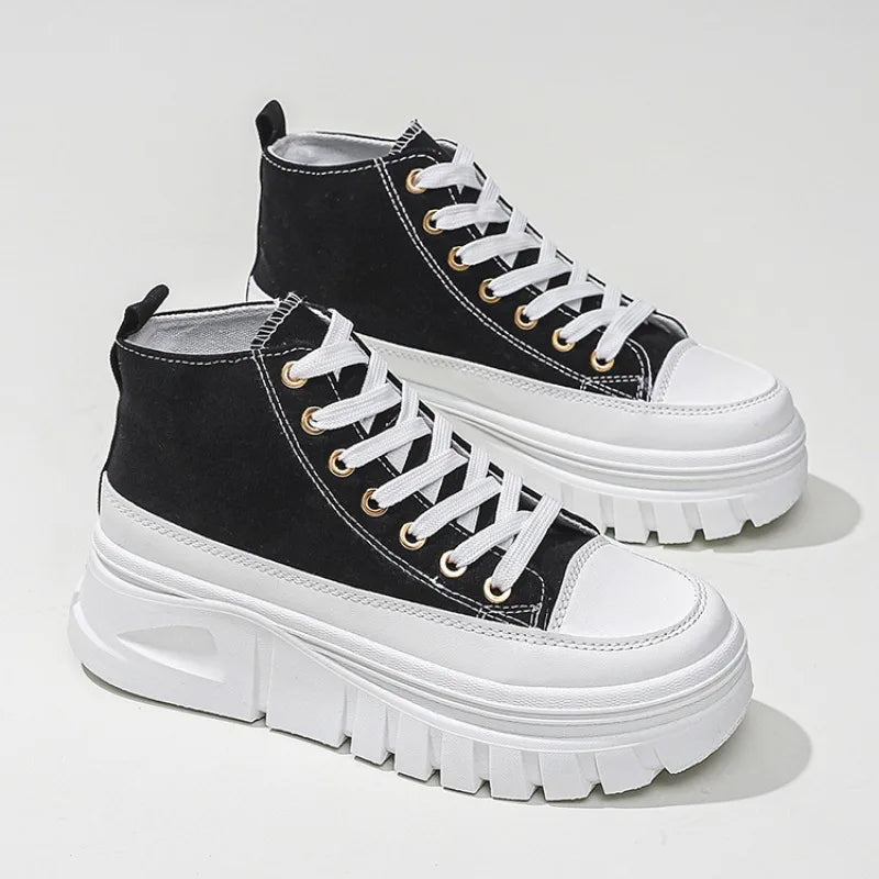 New Women Lace-Up Front High Top Platform Canvas Shoes Fashion Casual Comfortable Height Increasing Sneakers