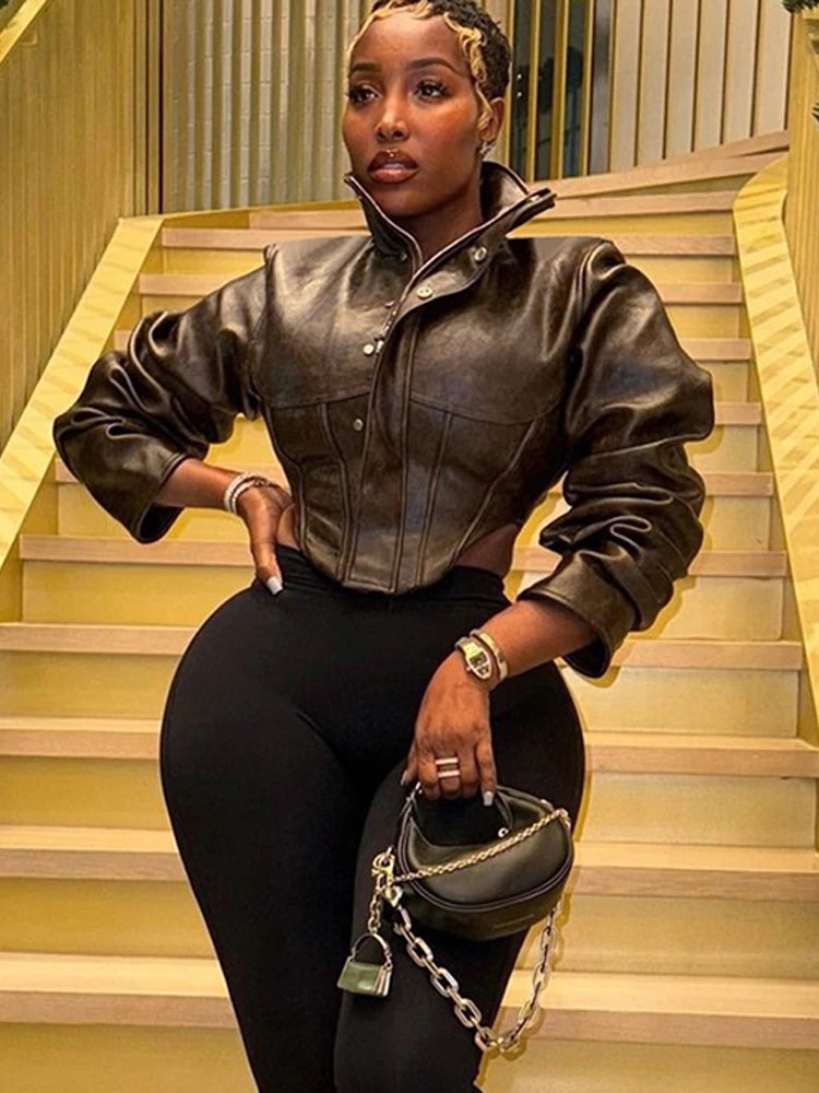 UK Size Brown/Black Color Wild PU Leather Irregular Crop Jacket Women Turtleneck Zip Button Full Sleeve Sexy Hottie Street Midnight Club Hipster Coat