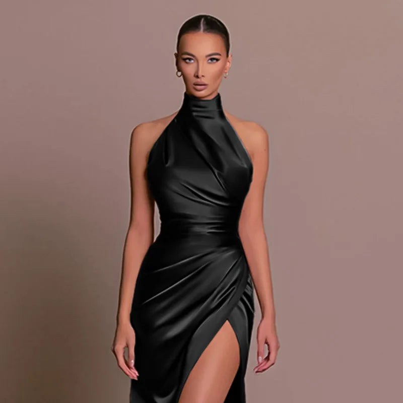 8 Colors Ladies Summer Luxury Satin Sexy Evening Wedding Guest Birthday Party Business Dinner Dresses Women Sleeveless Backless Halter Side Slit Elegant Long Dress Women Sexy Outfits Clothes