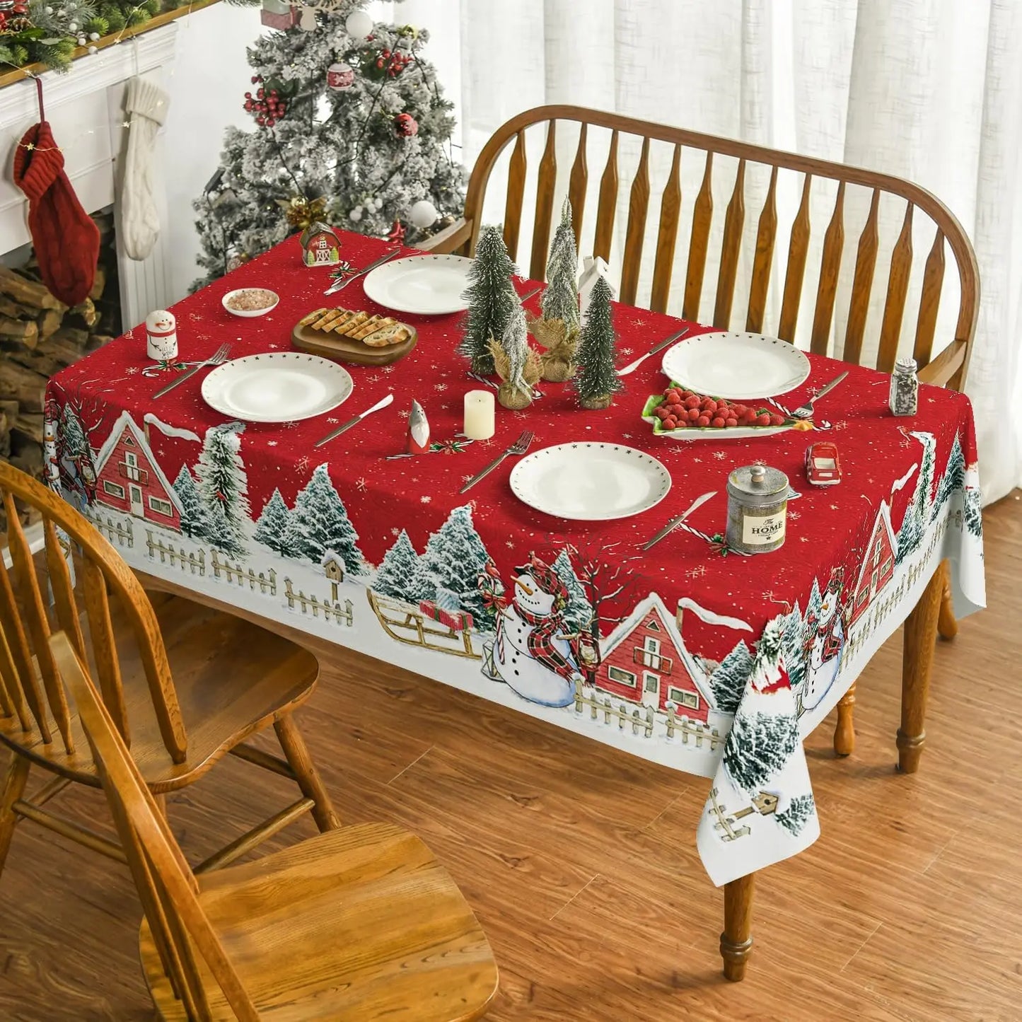 NEW Christmas Winter Snowman Xmas Trees Rectangle Tablecloth Dining Room Decor Durable Tablecloth for Table Party Picnic Supplies Home New Year Eve Clothing Products