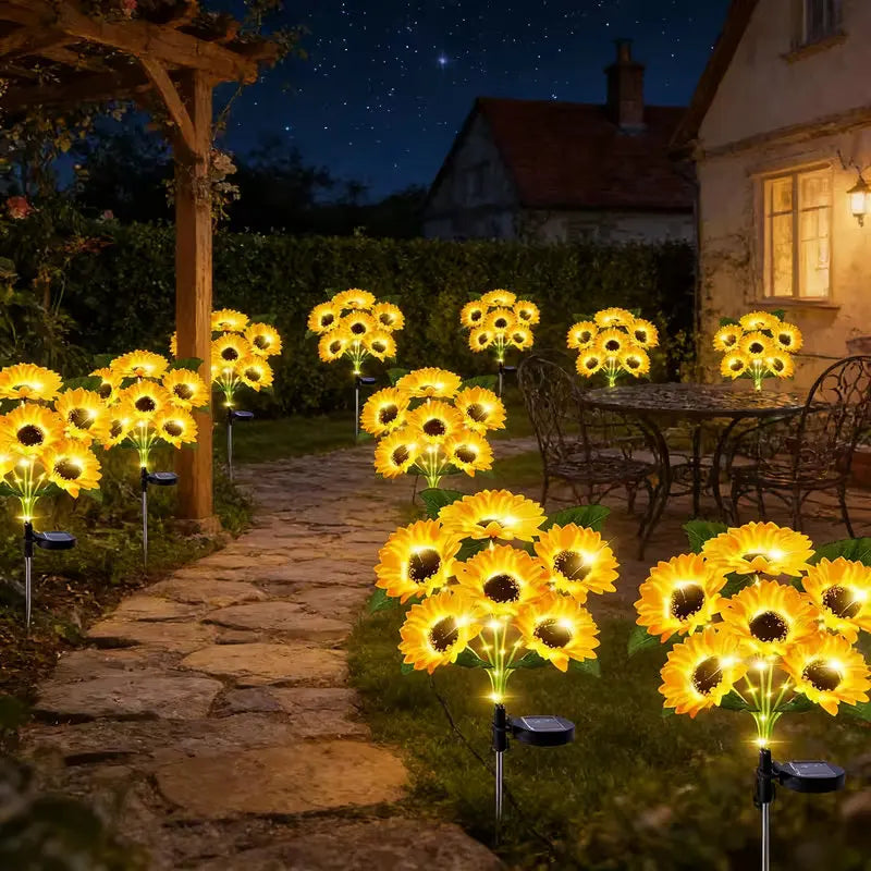 2 PCS Bouquet (12 Heads) Home Villa Solar-Powered Outdoor Decorative Lawn Lights LED Sunflower Decor Pathway Ground Stake Light for Garden Street Patio Balcony Yard
