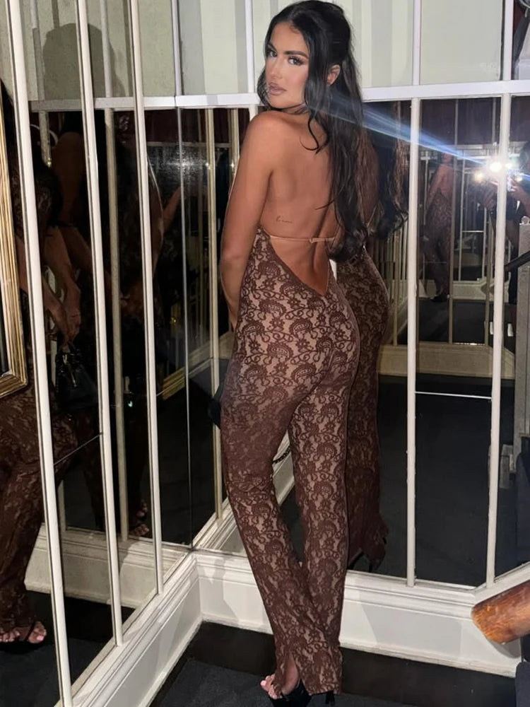 3 Colors Sexy Lace Backless Sexy Jumpsuit Women Rompers Halter Off-Shoulder Sleeveless Skinny Night Club Party Jumpsuits Female Clothes