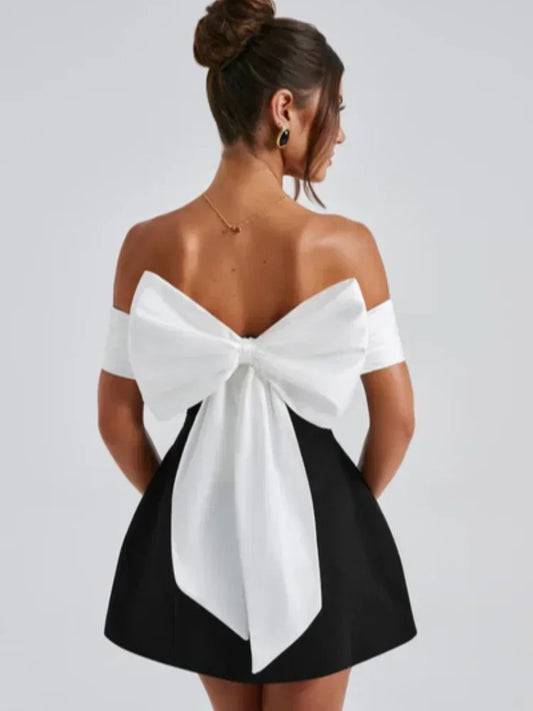 NEW Arrivals Luxury Back Big Bow Decoration Mini Dress Fashion Off Shoulder High Waist Sleeveless Backless Dresses Autumn Evening Wedding Birthday Party Night Club Outfit Dresses Gowns Girls Ladies Fashion Clothing Supplies