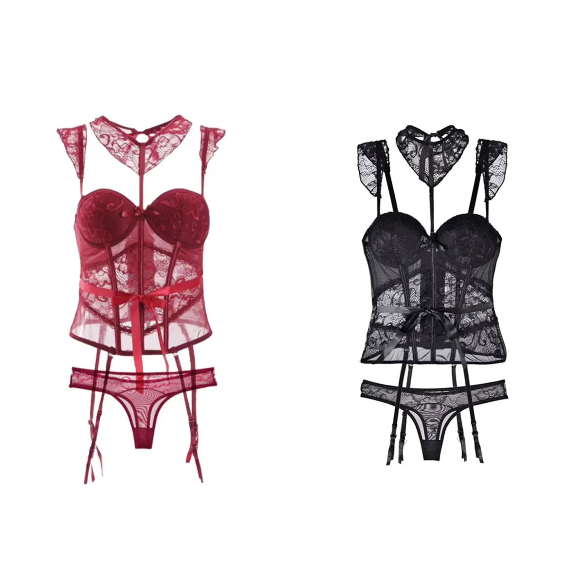 Black and Red Color Set Sexy French Lace Corset Lingerie Women Fashion Underwear Halter Tops Lingerie Belt Transparent Tight Underwear Shapers Lingerie