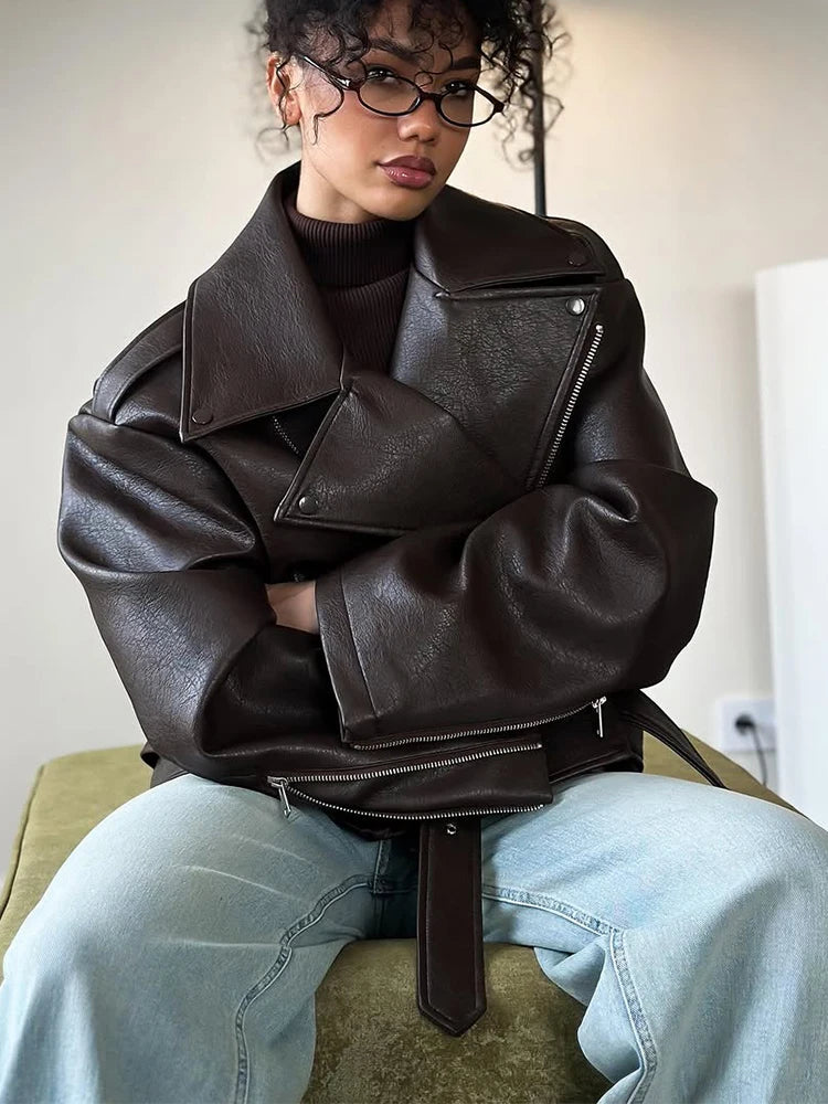 UK Size Casual Dark Red/Burgundy Color  Zipper Leather Short Jackets Women Long Sleeve Lace Up Lapel Loose Button Coat Lady Daily High Street Wear