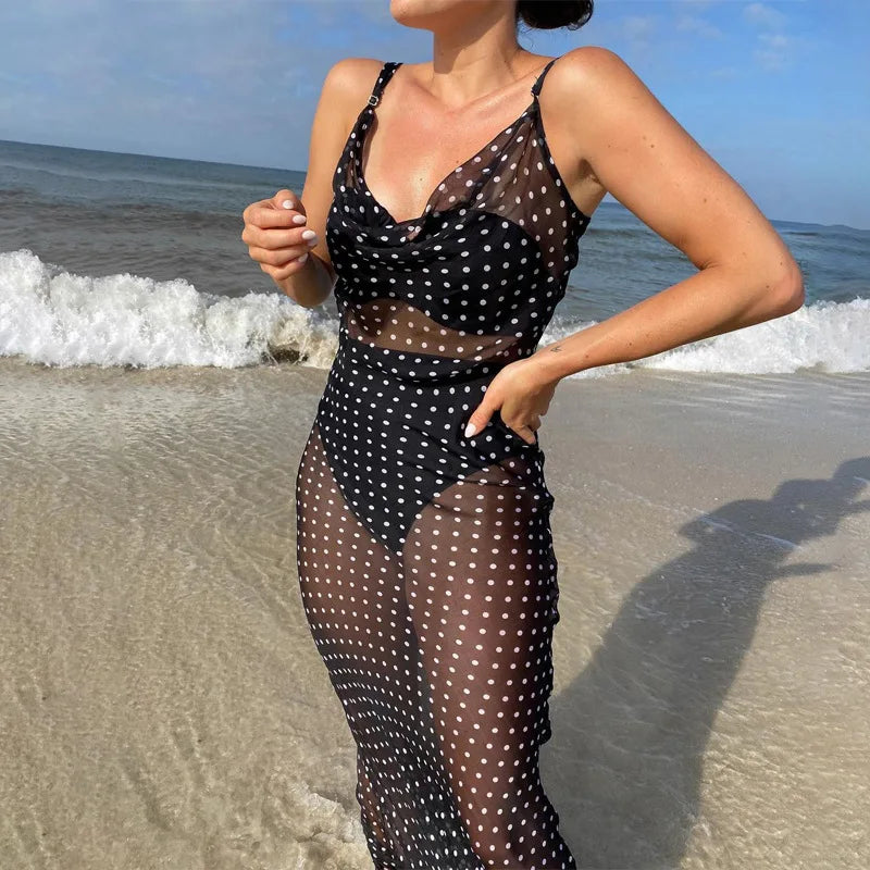 Just Arrived New Women's Mesh Backless Lace-Up Black Maxi Dress, Casual Polka Dot Bikini Cover-Up For Beach Vacations Ladies Summer Bathing Apparel Accessories Beach Clothes