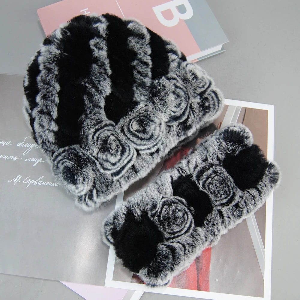 New Arrivals Women Fashion Real Fur Hats Scarves Sets Women Winter Knitted Real Rex Rabbit Fur Hat Scarf Ladies Natural Fur Hats Mufflers Sets Female Girls Luxury Fashion Clothing Products