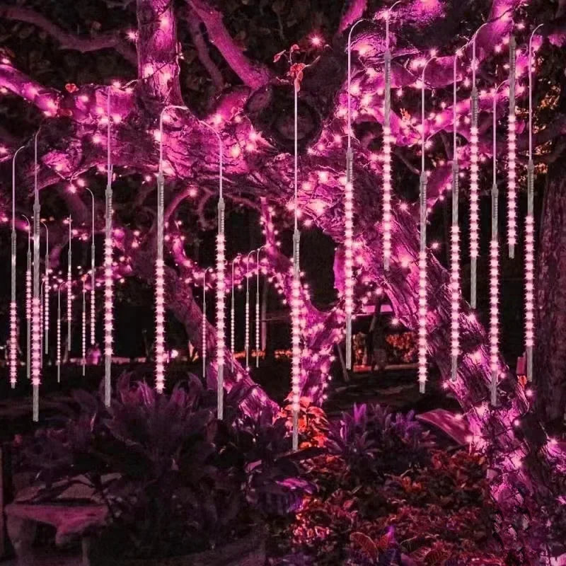 NEW Arrivals LED Lights Stalactites Meteor Shower Rain Lights 2/4Set Falling Rain Fairy String Lights Christmas Holiday Snow Falling Icicle Cascading Light Home Outdoor Decoration Accessories Supplies