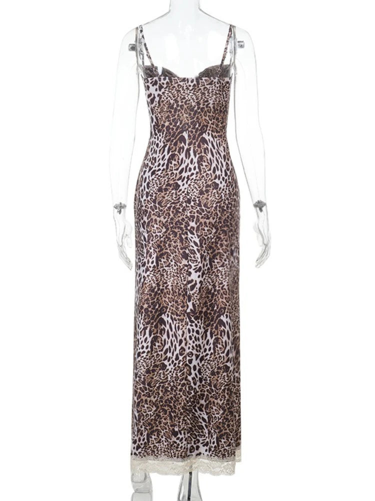 UK Size Sexy Leopard Lace Patchwork Evening Party Dress Women's Summer Night Beach Party  Sleeveless Hollow Out Split Long Gowns Female Evening Prom Dresses