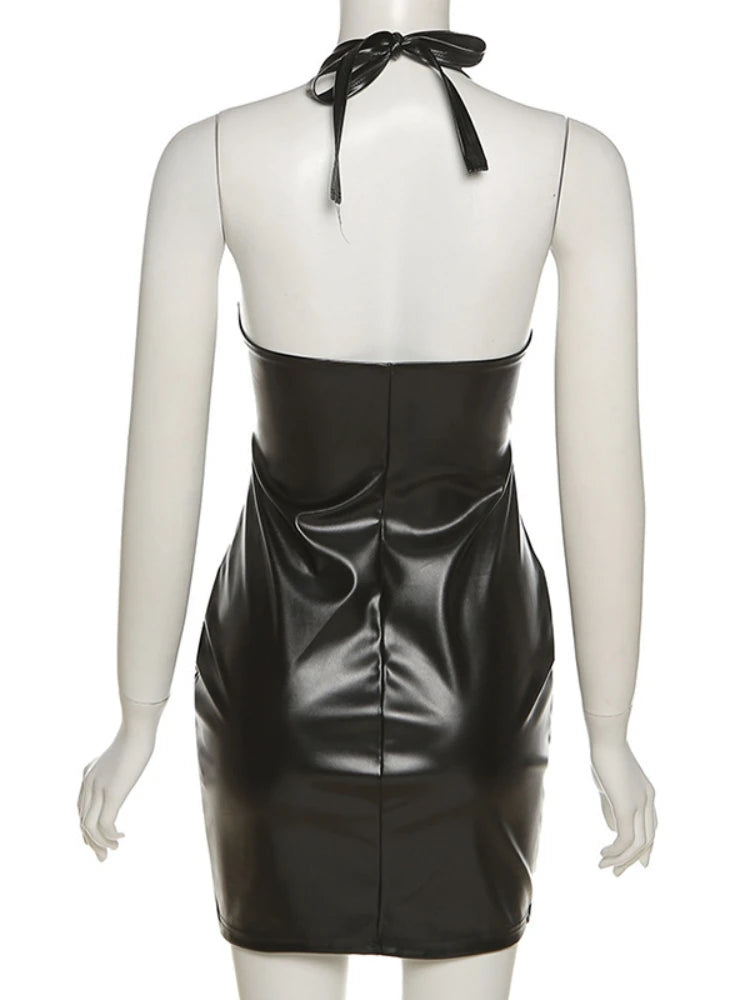 Black and Brown Color Sexy Deep V Neck Wrap Chest PU Leather Slim Bodycon Dress Women Backless Sleeveless Mini Dress Elegant Night Club Evening Party Sexy Dress