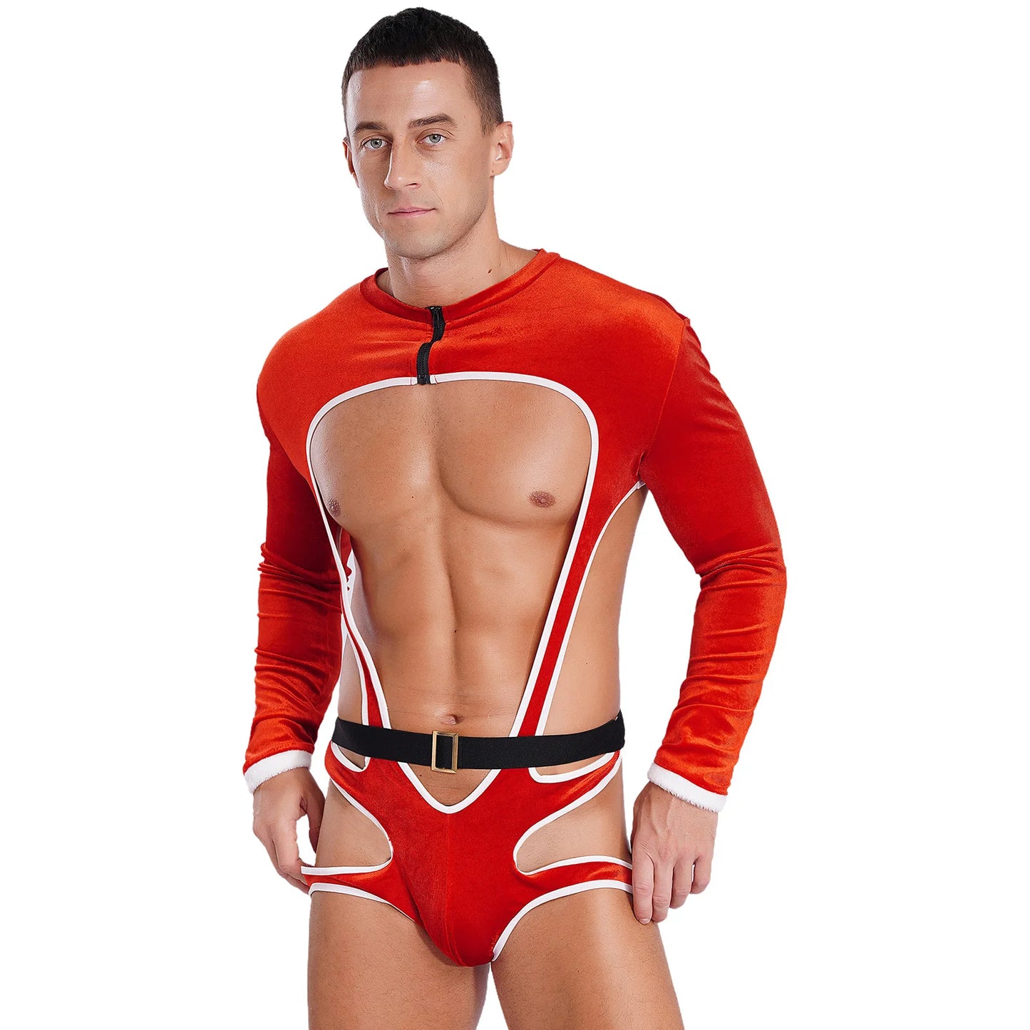 Sexy Gay Men Christmas Santa Claus Role Play Bodysuit Long Sleeve Cutout Bulge Pouch Open Butt Leotard Nightwear Festival Holiday Party Men Fashion Clothing Suits Products