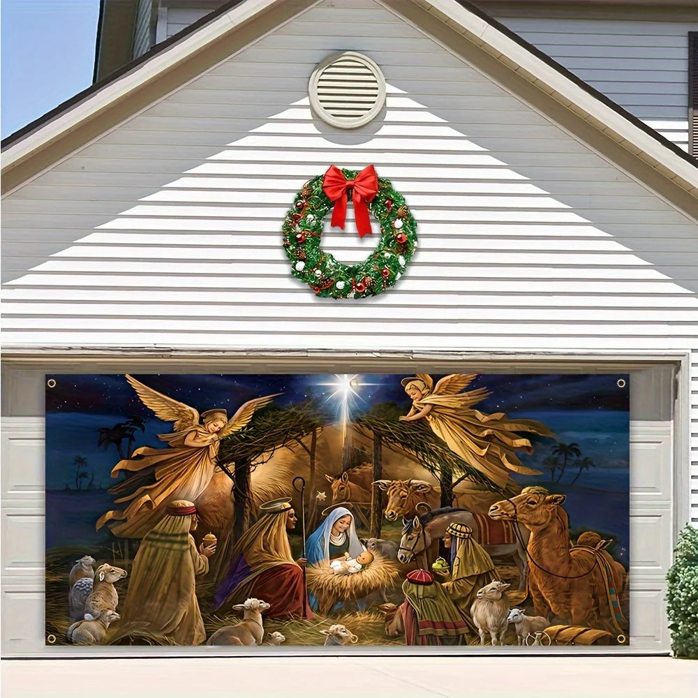 Merry Christmas Nativity Garage Door Banners, Polyester Garage Door Decorations, Garage Door Murals, Holiday Decorations