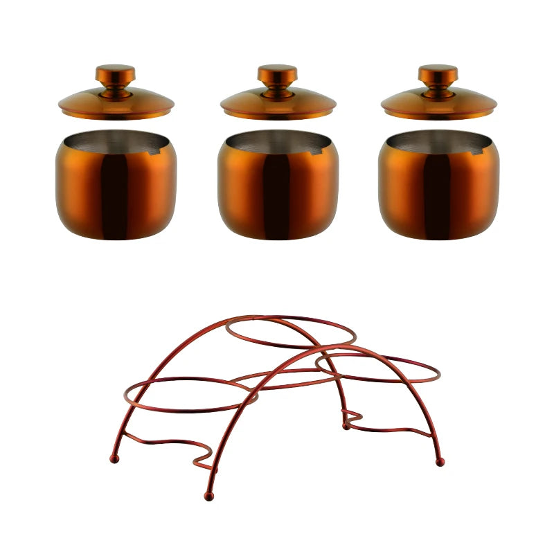 3 PCS Luxury Set + 3 Matching Spoons 304 Stainless Steel Gold Seasoning Condiment Pot Set Spice Salt Sugar Container Pepper Jar Tool with Lid and Spoon Holder Rack Home Tableware Tools Sets