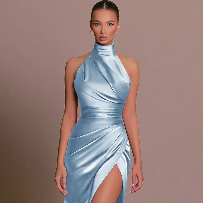 8 Colors Ladies Summer Luxury Satin Sexy Evening Wedding Guest Birthday Party Business Dinner Dresses Women Sleeveless Backless Halter Side Slit Elegant Long Dress Women Sexy Outfits Clothes