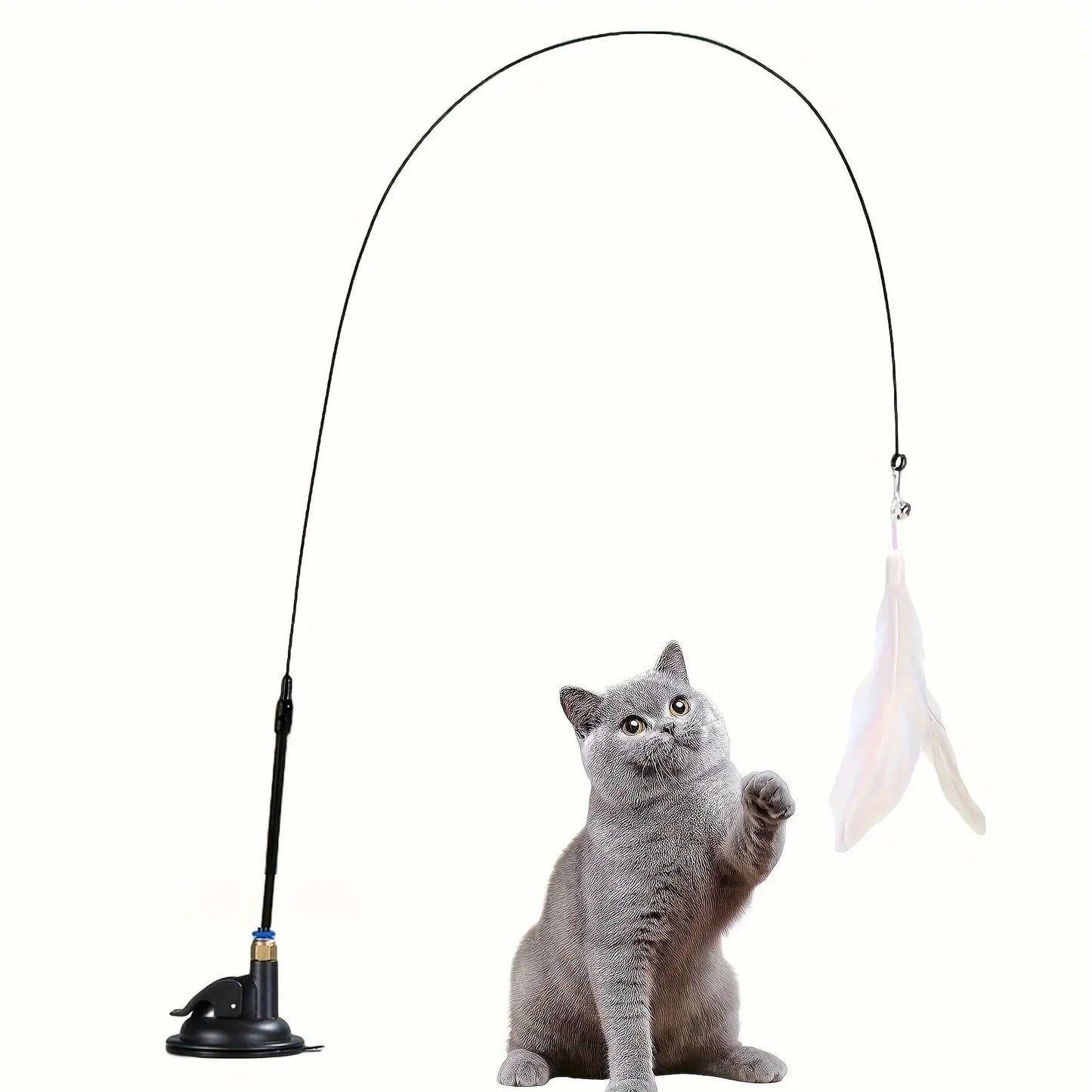 Cat Teaser Toy - Interactive Bell & Feather Wand - Long Suction Cup Pole for Exciting Playtime Adventures - Ultimate Cat Toy Pets Accessories